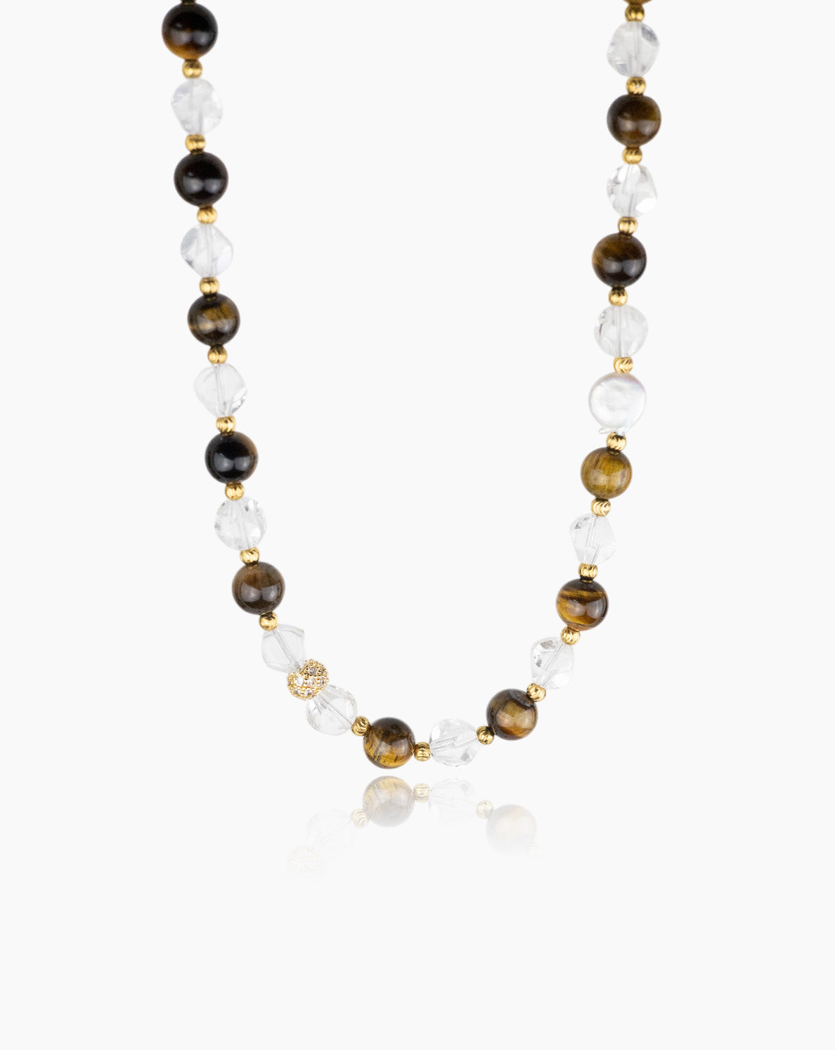 Colar com pedras olho de tigre, contas transparentes e zircónias – modelo Caraíbas da Minimal Wings